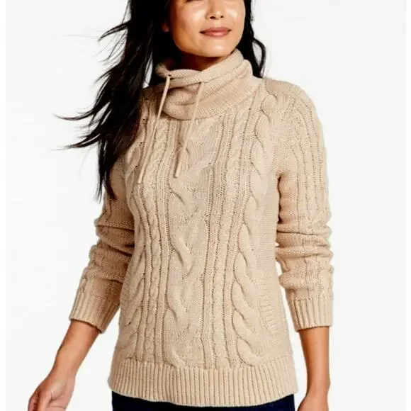 L.L. Bean Double-L Cream Fisherman Mixed Cable Knit Funnel Neck Sweater, Medium - Picture 2 of 9